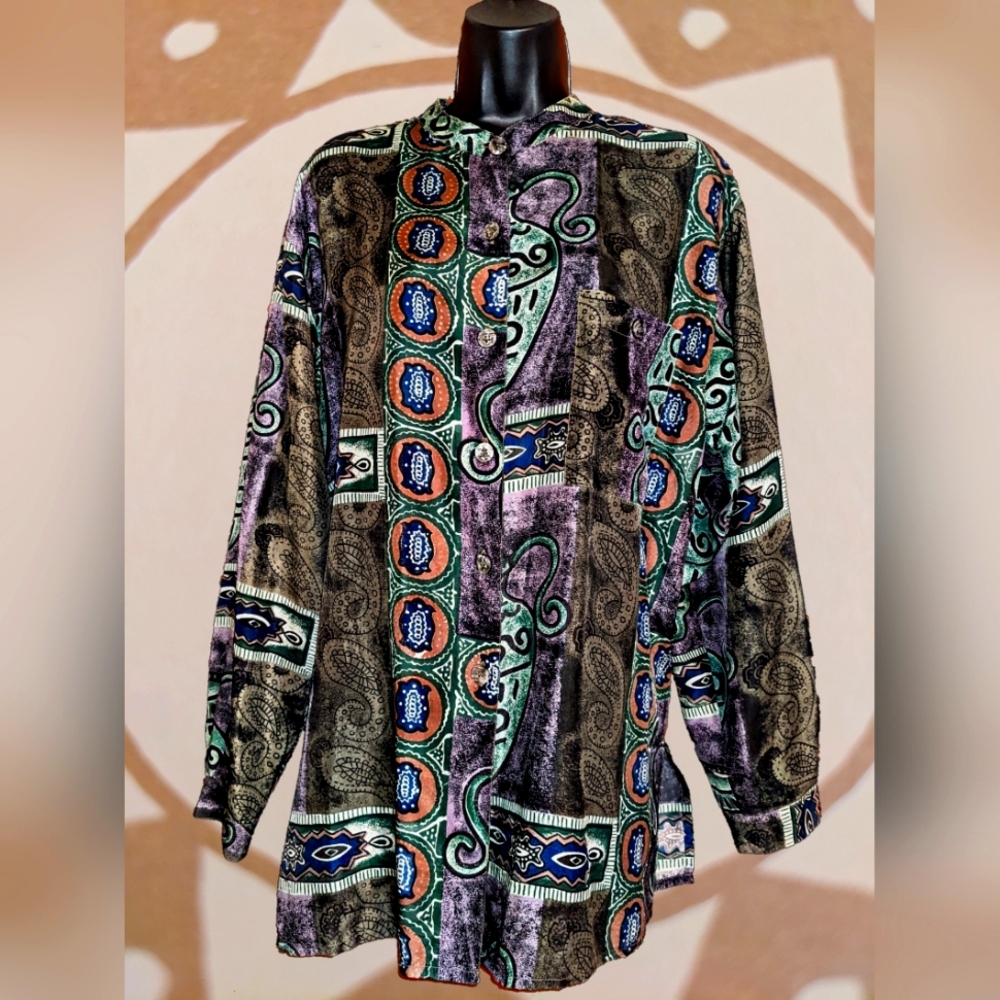 Vintage 90s unisex oversize abstract art silk blouse men's women's